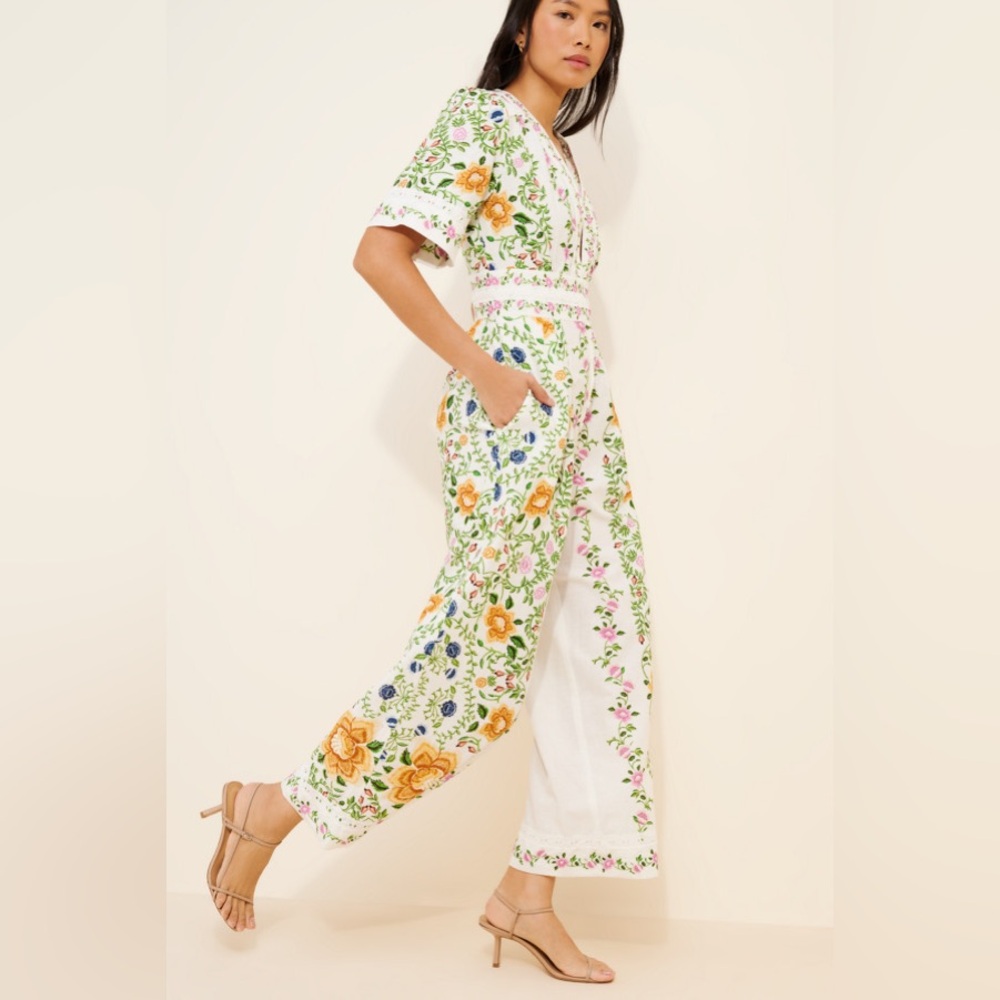 Farm Rio Anthropologie Folk Floral Linen Blend Short Sleeve Jumpsuit Medium - Picture 6 of 8